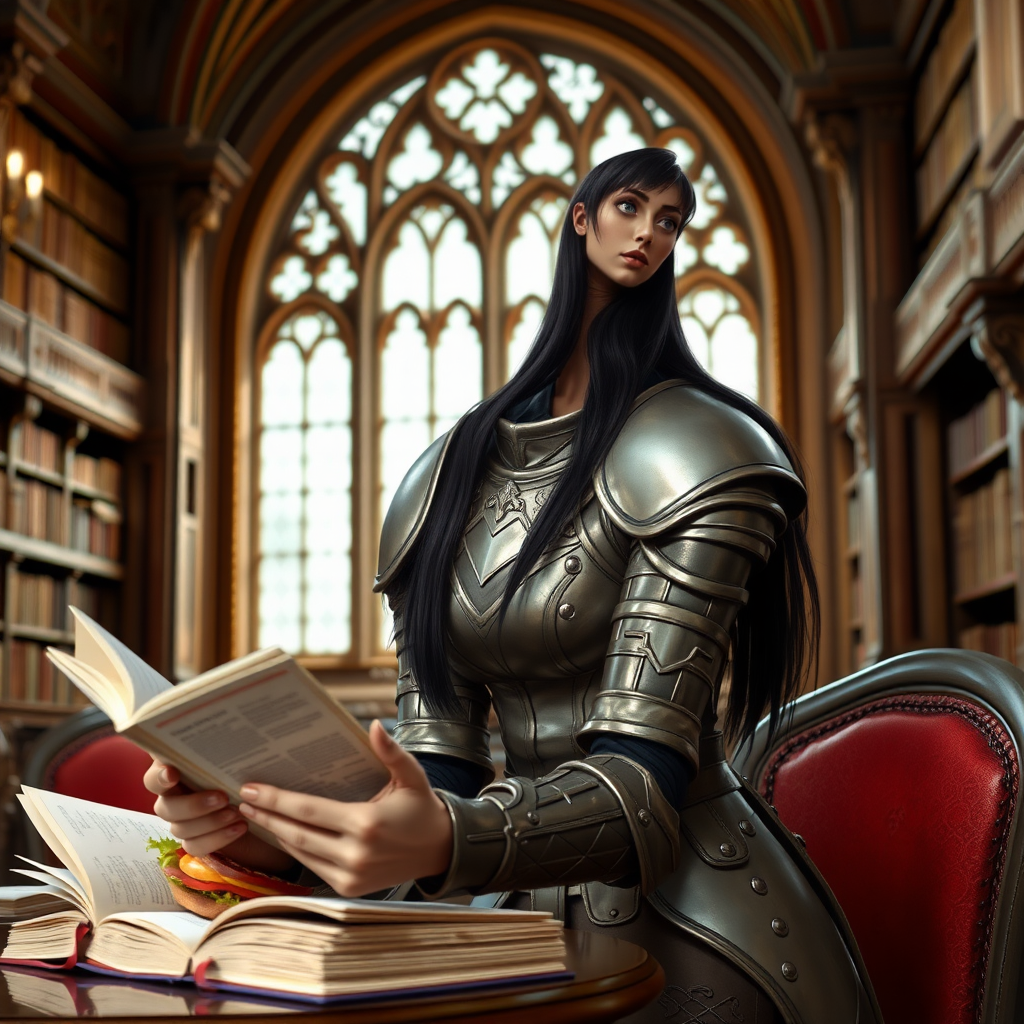 beautiful young woman, dark hair past her shoulders, blue eyes, small, slim figure, wearing full, light leather armor suit, sitting, sandwich on table, reading a book, in a grand old library.