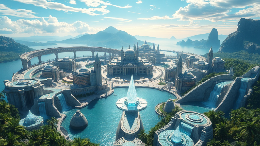 In this 8k resolution anime art piece, the grand city of Greater Atlantis is portrayed with breathtaking clarity and cinematic quality. The cityscape is a mesmerizing fusion of ancient Greek aesthetics and futuristic technology, creating a scene of unparalleled beauty and sophistication.

Cityscape:

Structures: The city features massive, blue-marble-colored buildings with uniquely shaped, elegant structures reminiscent of Greek architecture but with a high-tech twist. These buildings are adorned with intricate patterns and glowing accents, emphasizing their advanced nature.  
Ringed Structure: Encircling the entire city is a monumental ringed structure, its design both protective and majestic. The ring is adorned with luminous patterns, creating a halo of light that highlights the city's grandeur.  
Natural Features:

Waters: Expansive, shimmering waters surround the city, reflecting the intricate architecture and the vibrant sky above. The water is dotted with futuristic floating objects, their white technological designs adding a sleek, modern touch.  
Mountains: Towering mountains rise in the background, their peaks crowned with cascading waterfalls that flow gracefully into the city’s waters. The waterfalls glisten in the sunlight, adding a natural, serene element to the scene.  
Pyramids: Scattered throughout the city are pure quartz pyramids, each topped with a radiant crystal. These pyramids are illuminated, casting a mystical glow over the surroundings.  
Technological Elements:

Hovering Objects: White technological devices hover elegantly over the water, their designs sleek and advanced. These objects emit a soft, ethereal light, enhancing the futuristic atmosphere of the city.  
Tropical Lands:

Landscapes: The city’s environment includes lush tropical lands, with vibrant greenery and exotic plants that contrast beautifully with the technological marvels. The tropical vegetation adds a touch of natural beauty and warmth to the otherwise sleek, futuristic cityscape.  
Overall Aesthetic: The entire composition is bathed in a soft, cinematic light, enhancing the rich colors and intricate details. The scene captures the essence of Greater Atlantis, a city that seamlessly blends ancient grandeur with futuristic innovation, creating a stunning and immersive visual experience.