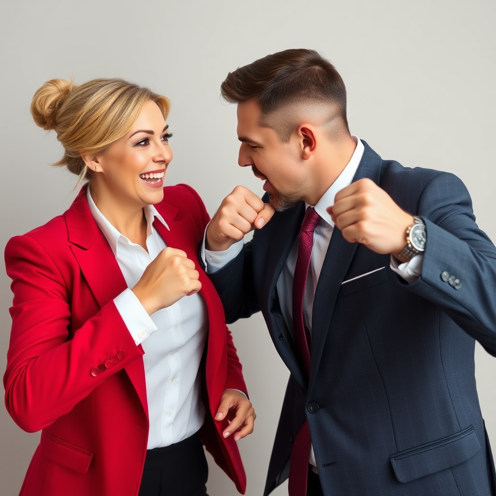 mature attractive business woman punching a man in the face