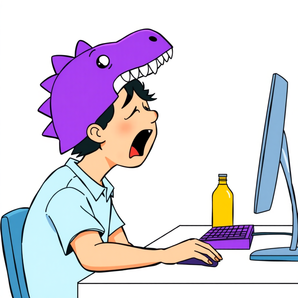 A high-quality illustration of a person sitting at a desk in front of a computer, yawning, with a purple dinosaur-themed cap and light blue shirt. The desk has a computer screen, a keyboard with purple keys, and a yellow bottle beside it. The view is the same as the original image with a light pink background and similar details, but the person now has a dinosaur cap instead of the original one.