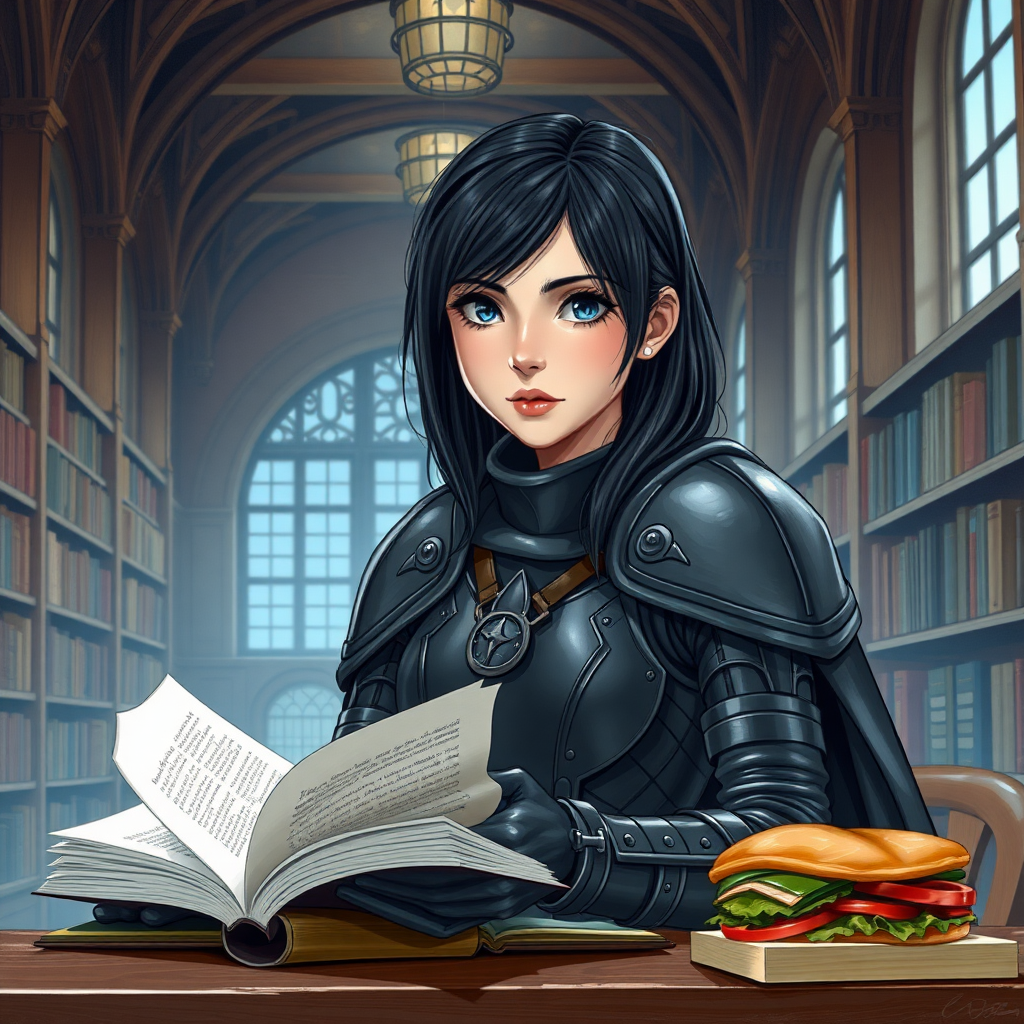 beautiful young woman, dark hair, past her shoulders, blue eyes, small, slim figure, wearing full leather armor suit, long cloak, reading book, at a table, with sandwich on the table, in a large school library.