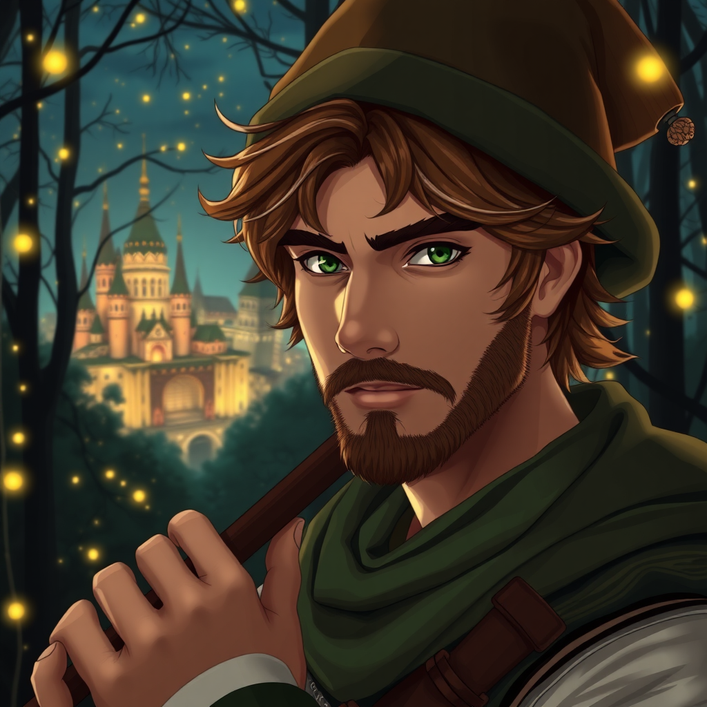 Create a detailed anime-style image of a 25-year-old white man. His eyes are green in color. His hair is slightly wavy and bold in a coppery brown tone, with a Robin Hood-style hat. He has masculine features and his countenance is strong. He wears a moss green and white flutist style outfit. He has a beard and mustache. It's in the middle of a dark forest, lit by fireflies that glow softly. In the background, a city with fantastic architecture, giving a magical touch to the scene. The image must have an anime style, capturing every detail with precision and 8k quality. Looks like a photograph." Extremely realistic. 25 years old. Beautiful. Beautiful. Extremely realistic. Beautiful appearance.