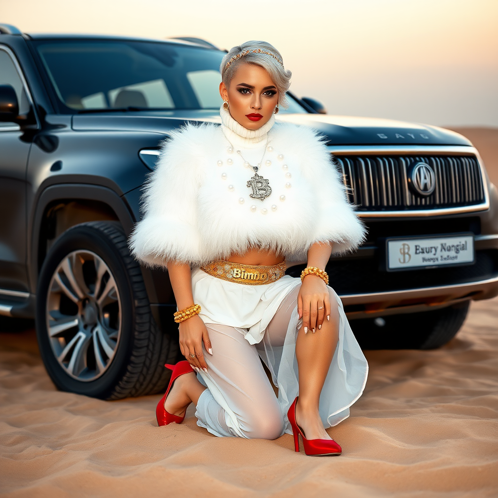 Kuwait desert dunes misty dawn, full size luxury SUV: Melissa, European 17 years old very convincing femboy “trophy-bimbo”, tamed servile docile, very beautiful feminine flawless face, rather short, by hormones very curvaceous womanly figured, platinum blond short tight curls, bold red lips, long white French nails, heavily made-up face, wearing Supertanya-style fluffy very fuzzy bright white angora turtleneck-poncho cropped ending under bust decorated with pearls and glass stones, striking oriental wide gold bridal protection belt, white fully transparent harem pants, bright red pumps with golden very high heels, full Oriental bridal jewelry including headpiece, nose-ring, coin wristlets, coin anklets, striking diamond “Bimbo” letter brooch on left chest, thick heavy pearl wristlets, pearl anklets, pout frustrated, kneeling in sand in front of SUV, looking at camera. Focus on face and turtleneck-poncho.