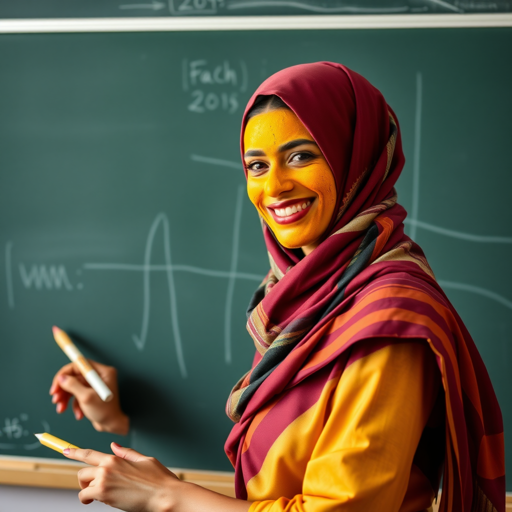 slim, 30 year old, sexy, french female school teacher, saree, scarf head, turmeric face mask. She is smiling and teaching on a blackboard