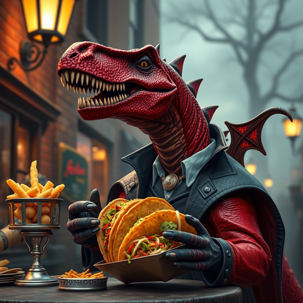 A vampire dinosaur selling tacos In Victorian England, tacky, grand theft Auto