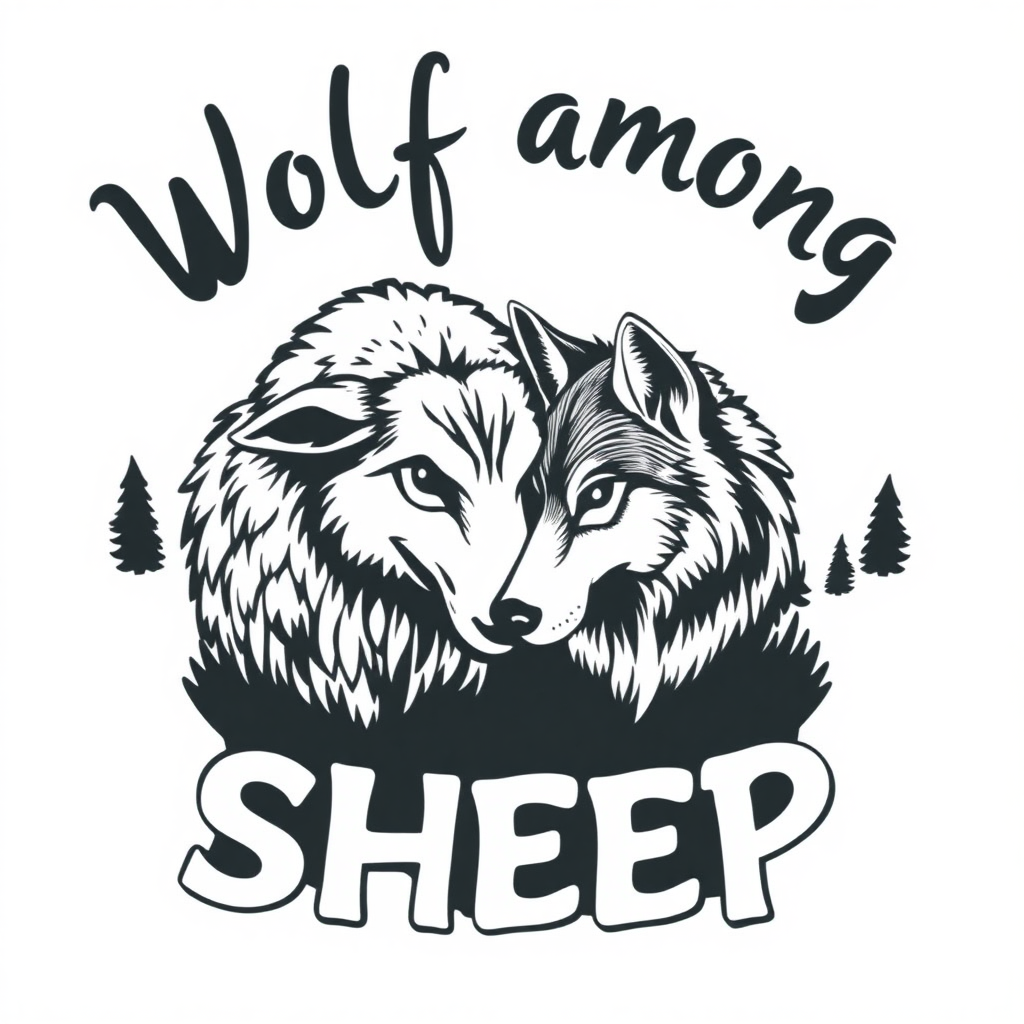 'Wolf among sheep' slogan with sharp font. Black & white. Art of sheep and wolf