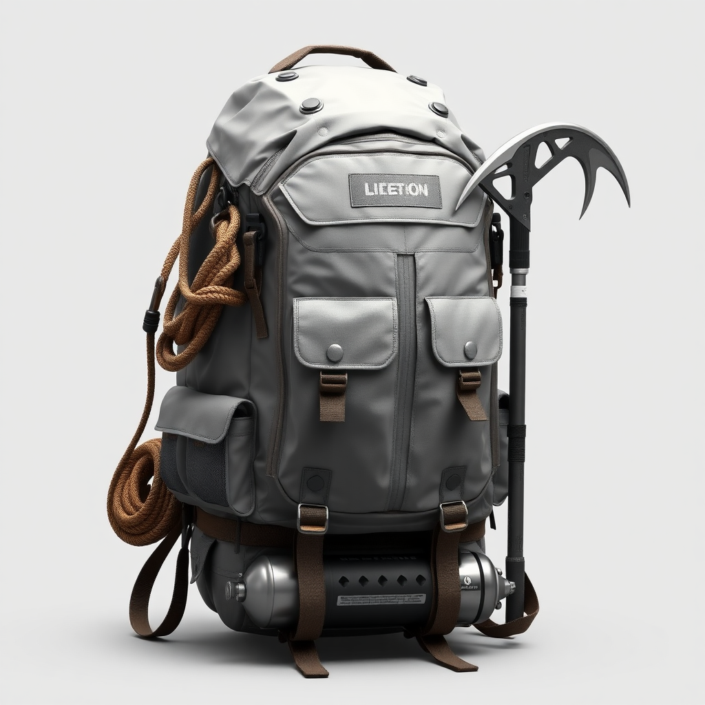 concept art Armored light gray backpack, with tactical pockets, with a coiled rope and a carabiner on the left side, an ice axe is attached to the right side, an oxygen cylinder is attached to the bottom of the backpack on straps