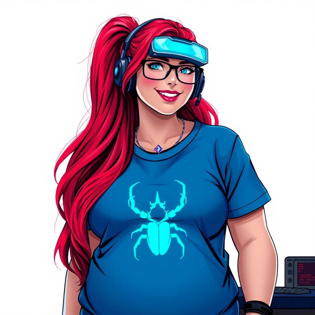 A cyberpunk vigilante’s full-figured intelligent and tech-savvy 29-year-old girlfriend, who is a computer hacker and tech genius. She has a long ruby red ponytail and bright blue eyes. She wears a sapphire beetle gemstone necklace, and an oversized maximum blue t-shirt featuring a neon blue glowing icon of a beetle on its chest. She has a full-figured physique with a prominent, gargantuan, round midsection, reflecting her well-cared-for lifestyle. She sports a sapphire headset with hi-tech maximum turquoise lensed HUD visor, black eyeglasses, and a beaming smile with a passionate bright red blush. Despite her figure and a lack of self-esteem, she radiates beauty. She has a slim face which contributes to her radiant beauty. She serves as his tech expert from his hideout, diligently working at her lab table and computer desk. The background is solid white. She is drawn as if she was in a retro 2D cyberpunk fighting game.