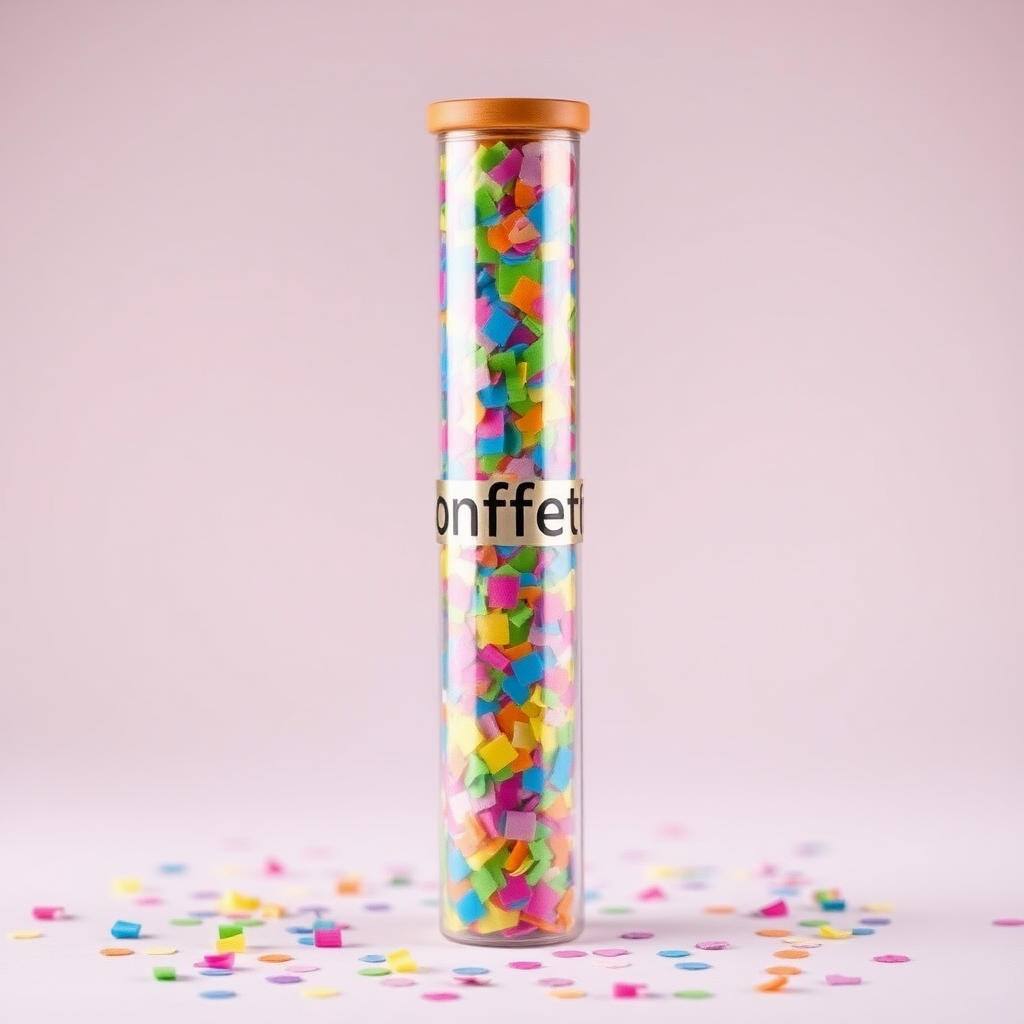 colorful confetti popper tube with text "confetti" on it