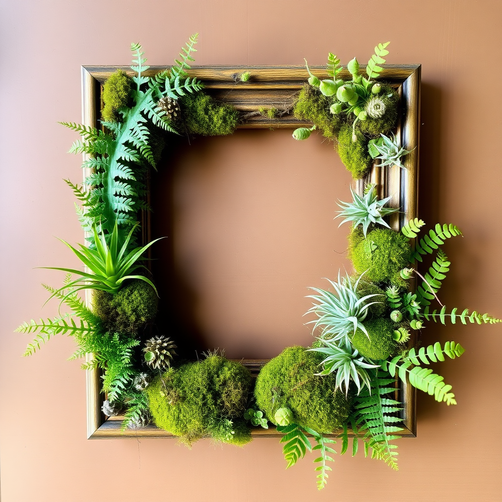 A picture frame is filled with ferns, moss, and air plants.