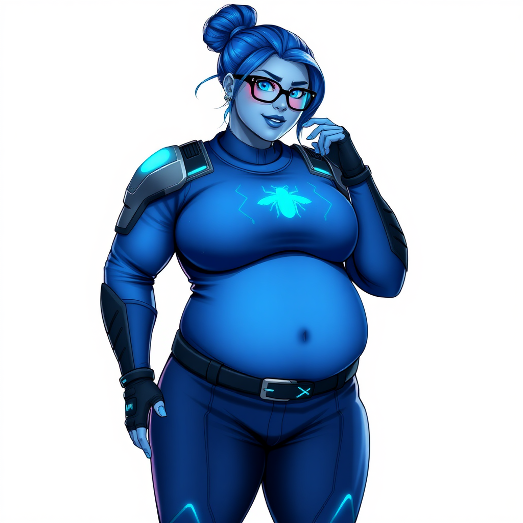 A 28-year-old, full-figured, metallic maximum blue (5PB 5/10) skinned computer program hybrid with a tied bun of maximum blue hair. She has a non-athletic build, highlighted by a prominent, round, large midsection (with a full emphasis on her round large belly), which shows the effects of her love of junk food acquired from her boyfriend. As the full-figured, nerdy, digital sidekick to her cyberpunk vigilante boyfriend, her metallic maximum blue skin and maximum blue lipstick (5PB 5/12) emphasize her digital nature. Her skin has a subtle, animated glow, with digital patterns occasionally flickering across it, making her digital nature obvious. She wears a digital, computerized costume, consisting of a huge, tight-fitting, maximum blue long-sleeved shirt (5PB 5/10) with a neon blue glowing chest icon of a beetle, hi-tech shoulder pads with neon blue accents, a black hi-tech belt with a digital neon blue glowing buckle, digital maximum blue pants (5PB 5/12) with neon blue accents, and black hi-tech fingerless biker gloves with neon blue glowing accents. Her neon blue glowing eyes, black eyeglasses with neon blue glowing lenses equipped with a built-in HUD, and bashful smile with neon red blush accentuate her nerdiness. She stands bashfully with one hand behind her back and the other hand gently touching her cheek, her costume covering all her skin and fully emphasizing her full-figured physique (especially her belly). She is clearly non-athletic, with a focus on her full-figured physique. Despite her build, she radiates beauty. She has a slim face compared to her physique, accentuating her radiant beauty. She is on a solid white background. She is drawn as if she were in a retro 2D cyberpunk fighting game. Ensure her skin has a maximum blue (5PB 5/10) skin tone.