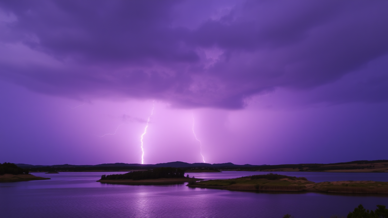 photo, lakes, purple sky, lightning