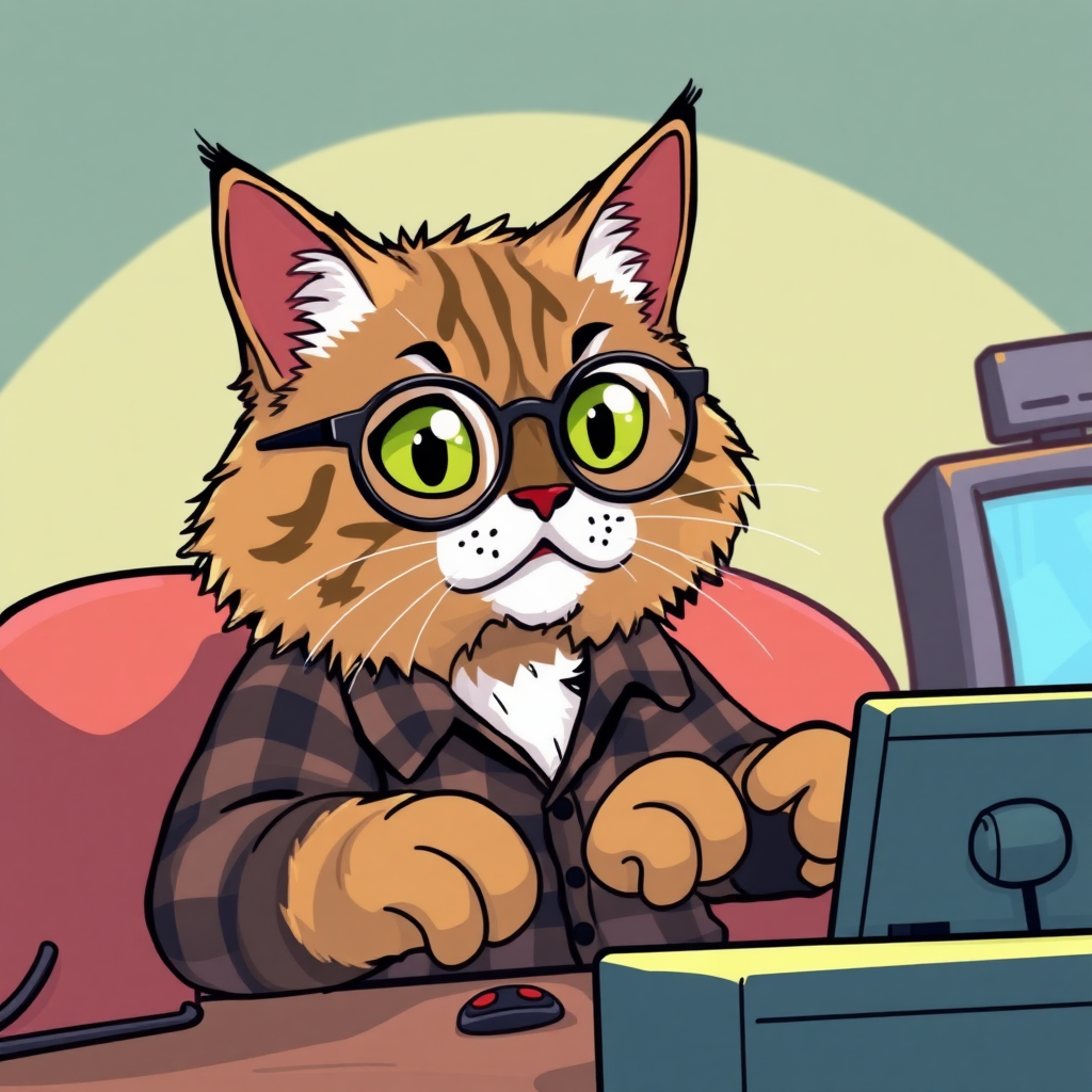 A Maine Coon cat playing a video game with semi-round glasses and a flannel shirt in a cartoon style.