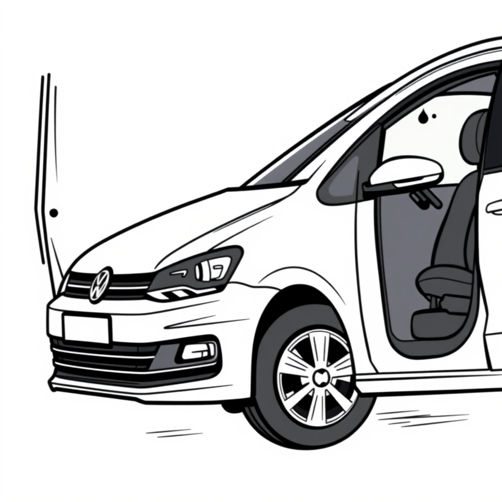 a white VW Polo V, driver door open long establishing shot, 2D, caricature, cartoon, Sketch lines, coloring book, coloring book style on white background, well composed, clean coloring book page, No dither, no gradient, strong outline, No fill, No solids, vector illustration, side view, vector illustration, movement lines