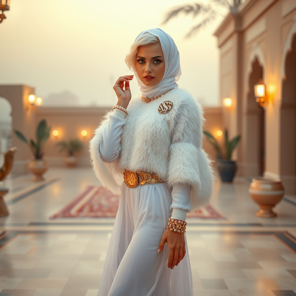 Kuwait desert palace harem patio misty dawn: Melissa, European 17 years old very convincing femboy “trophy-bimbo”, tamed servile docile, very beautiful feminine flawless face, rather short, by hormones very curvaceous womanly figured, platinum blond short tight curls, heavily made-up eyes, wearing Supertanya-style fluffy very fuzzy bright white angora turtleneck-poncho cropped ending under bust decorated with pearls and gemstones, striking oriental wide gold bridal protection belt, white fully transparent harem pants, full Oriental bridal jewelry, face covered by white sheer full Burka, coin anklets, striking diamond “$$$” letter brooch on left chest, pout frustrated, seductively dancing for the sheik, looking at camera. Full side view.