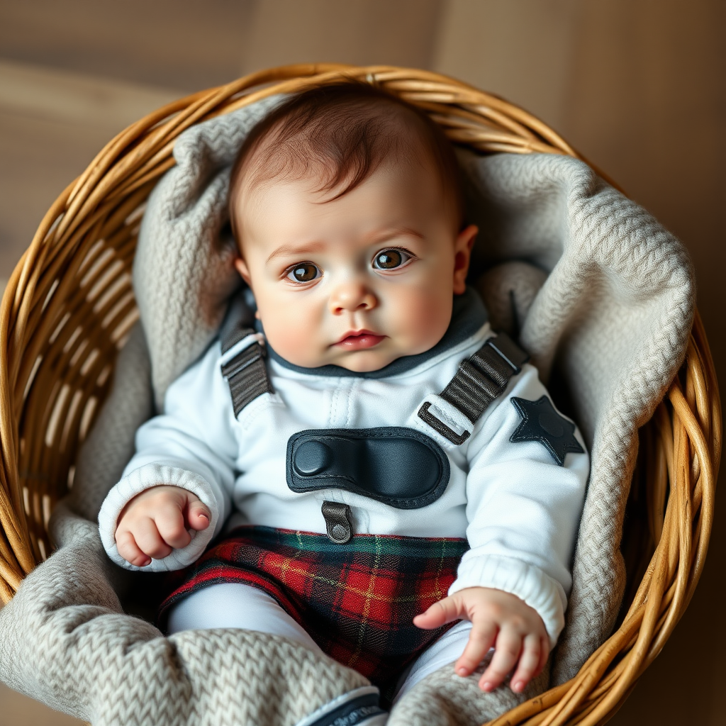 A cute Caucasian baby in a wicker basket with a tartan cloth. The baby has brown eyes and is wearing a cute little spacesuit.