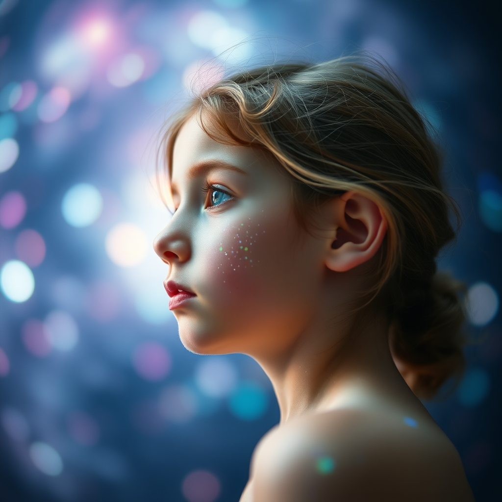 young preteen girl in profile, dreamscape, nebula, Bokeh, abstract, brilliant colors, glittering, translucent, mother of pearl, opal, iridescent, natural skin, glowing, artistic photo, wide angle, cute, interesting, microscopy, underwater, airy, original, experimental, refraction