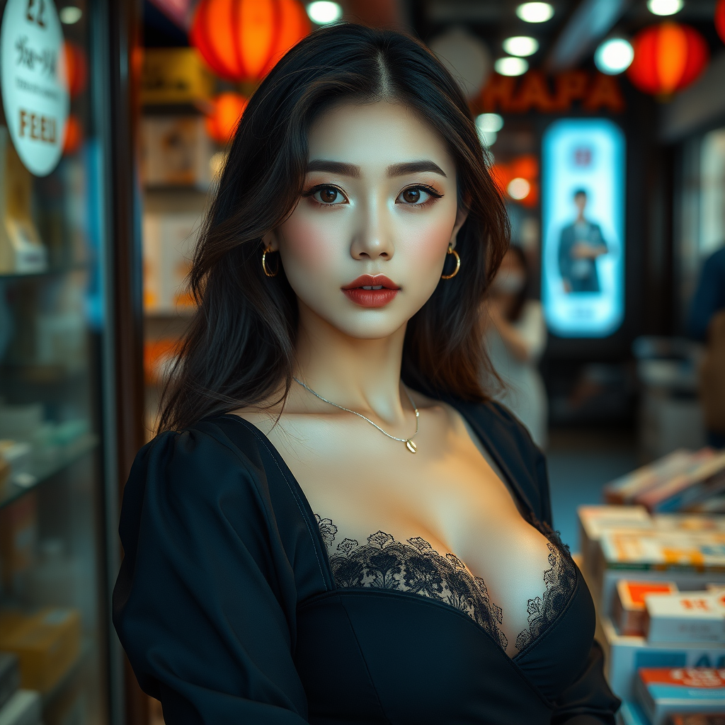 hypersensual beautiful korean model instagram woman in the shop, ((full-body)), big breast with neckline, anime manga style in Seul street, fine-face, pretty face, instagram influencer, hot on CANON R5, 85mm lens, Photoshoot, Depth of Field, insanely detailed and intricate, hypermaximalist, elegant, hyper realistic, super detailed, dynamic pose, centered, photography, Natural Light, dynamic, highly detailed, sharp focus