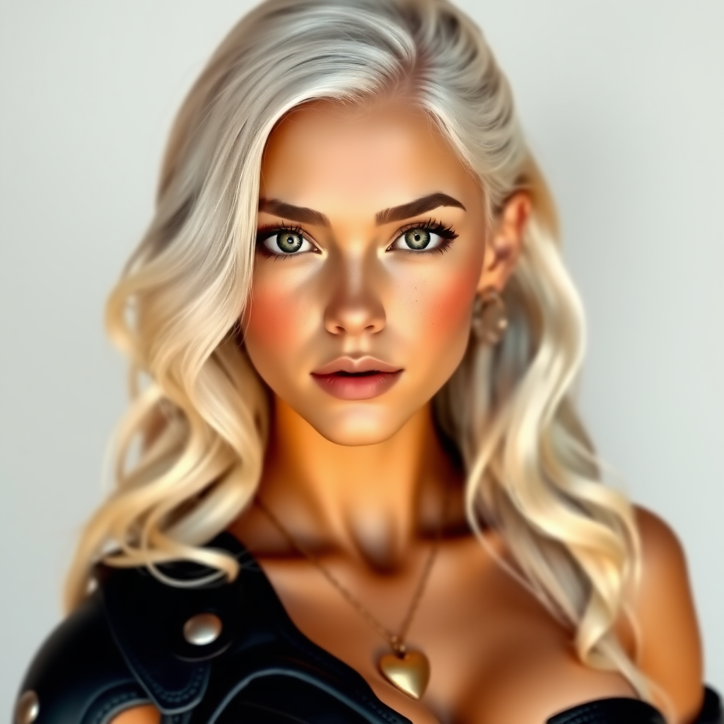 Portrait of a beautiful young woman with long wavy platinum blonde hair, green eyes, a suntan, large breasts, and light brown eyebrows. She is wearing black leather armor and a gold necklace with a small heart pendant.