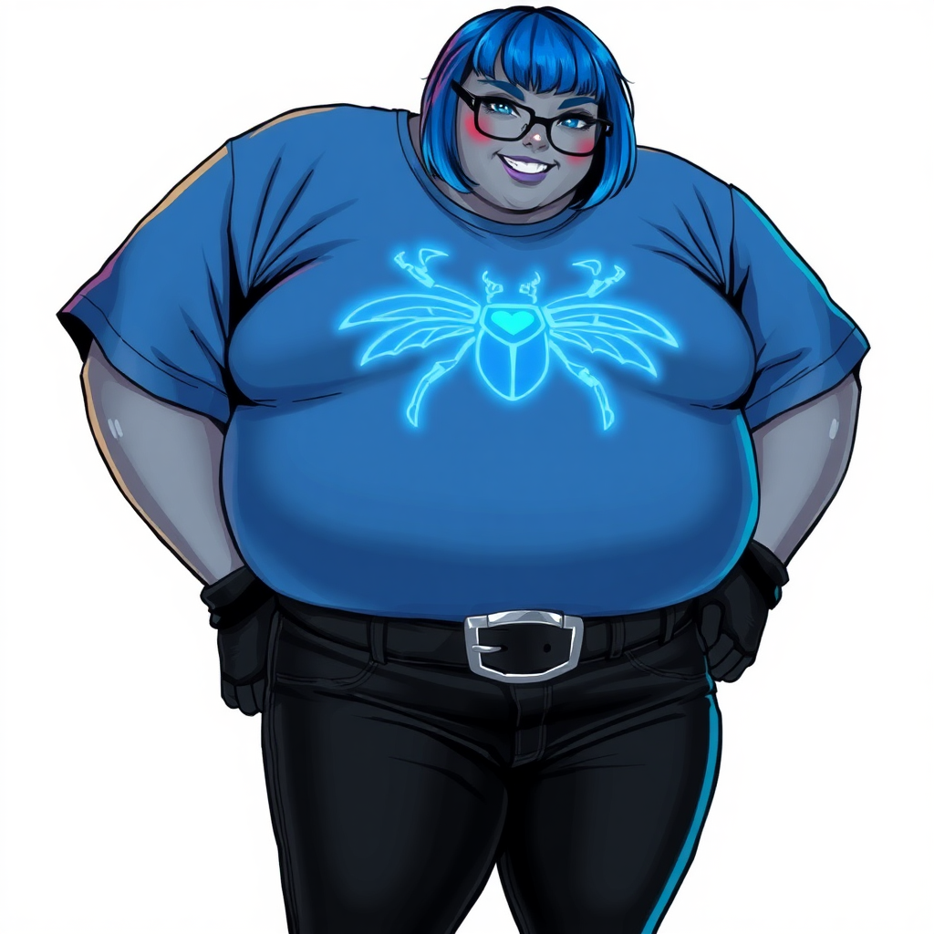 A 28-year-old, full-figured, metallic middle gray skinned computer program hybrid with a maximum blue bob cut. She has a non-athletic build, highlighted by a prominent, round, large midsection (with emphasis on her belly). As a digital sidekick, computer hacker, and nerdy girlfriend to her cyberpunk vigilante boyfriend, her middle gray metallic skin and maximum blue lipstick emphasize her digital nature. She wears a huge, tight-fitting, maximum blue t-shirt (accentuating her large belly) with a neon blue glowing chest icon of a beetle, black pants, a black belt with a sapphire scarab buckle, and black gloves. Her bright blue eyes, black eyeglasses, and lovestruck smile with neon red blush accentuate her nerdiness. She stands bashfully with her hands behind her back, her t-shirt covering her midsection (especially her large belly) and emphasizing her full-figured, non-athletic physique. She is on a solid white background. She is drawn as if she was in a retro 2D cyberpunk fighting game. She is clearly non-athletic, with a focus on her full-figured physique. Ensure her t-shirt covers her midsection (especially her large belly).