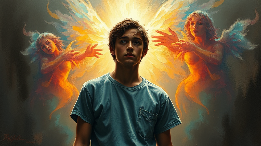 Miguel, tears cascading down his cheeks, witnesses the ethereal spirits vanish into the glowing light, a mix of grief and solace washing over him. In the center of the image stands Miguel, a young man with chestnut hair and sorrowful eyes, dressed in faded denim and a worn t-shirt. The scene captures a moment of profound emotion in a painting, the vibrant colors of the spirits contrasting sharply with Miguel's muted surroundings. Each brushstroke conveys a sense of raw, emotive power, drawing the viewer into Miguel's turbulent inner world with astonishing clarity and detail.