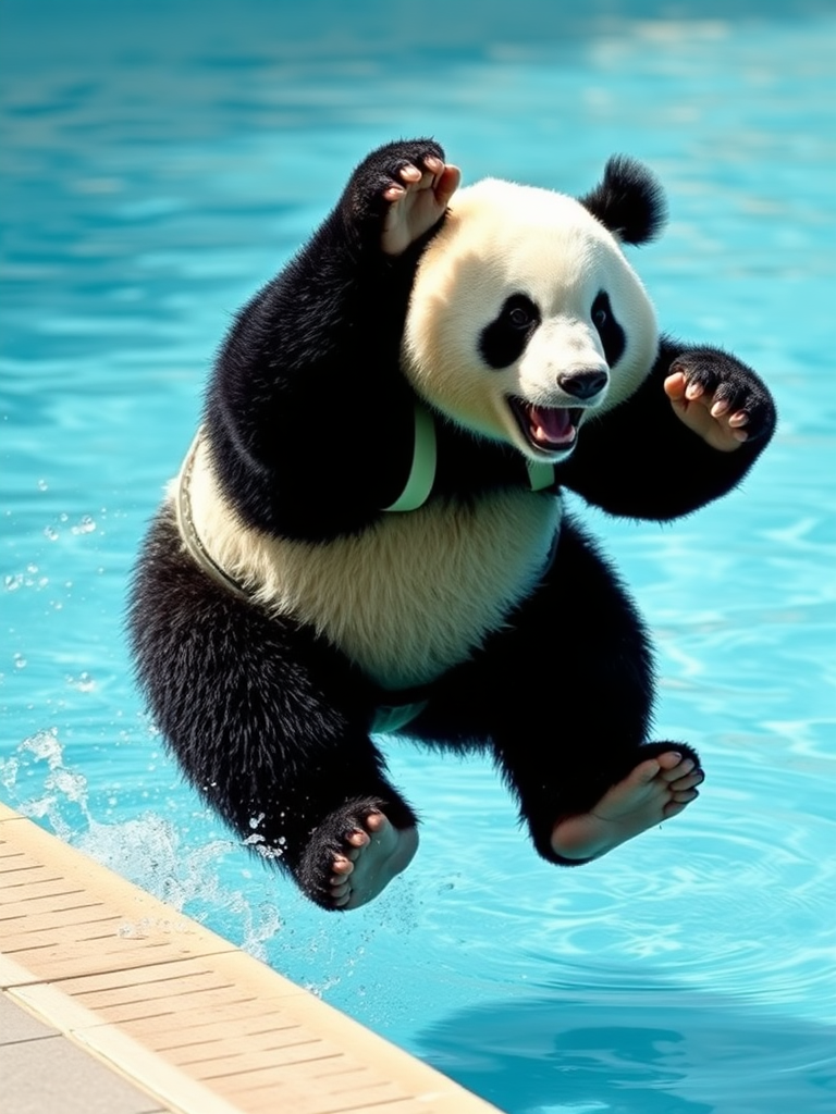 A panda bear wearing a bathing suit speedo jumping into a pool