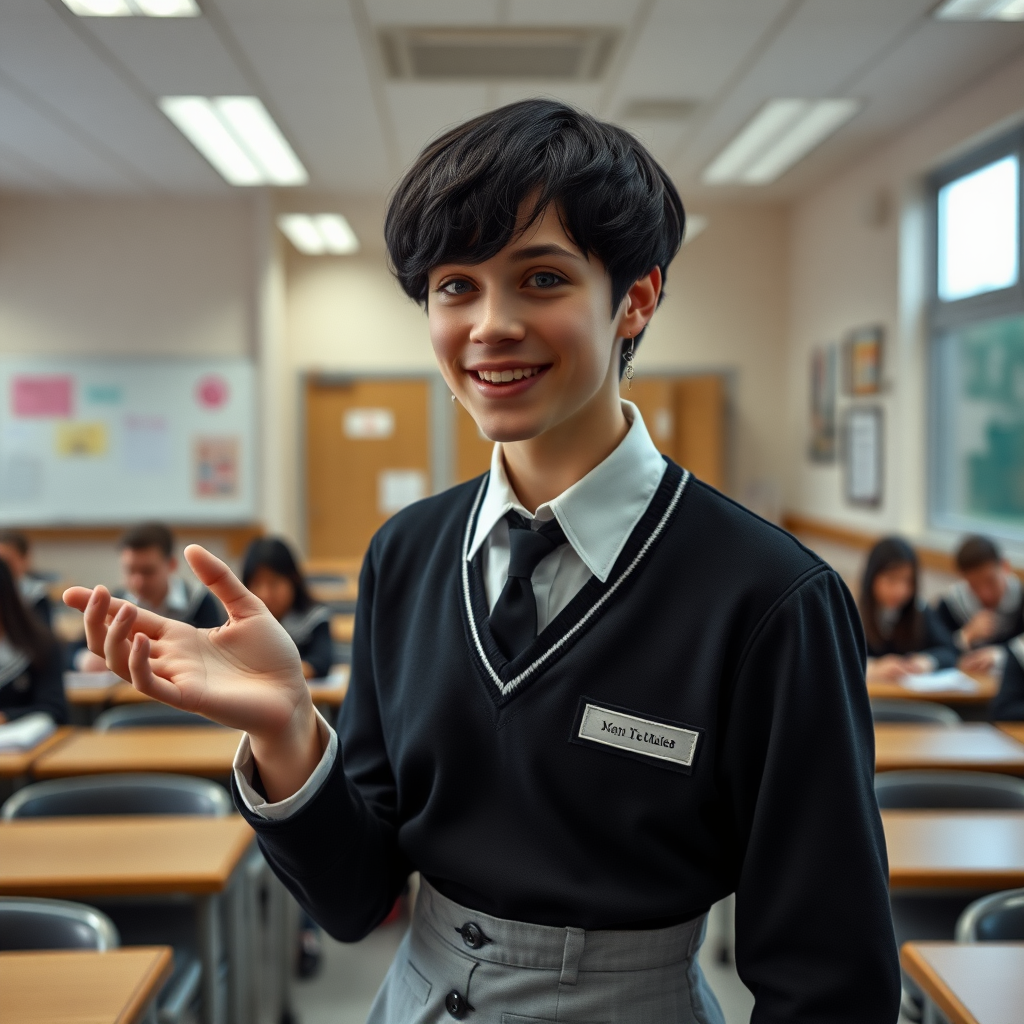 photorealistic, ultra high resolution, 16K, surreal fantasy, soft studio lighting, a pretty 17 year old goth male, slim male physique, short dark hair, blue eyes, goth makeup, earrings, sheer pantyhose, UK girls-school uniform, Mary-Jane shoes, standing in the classroom delivering a talk, excited smile, facing the camera.