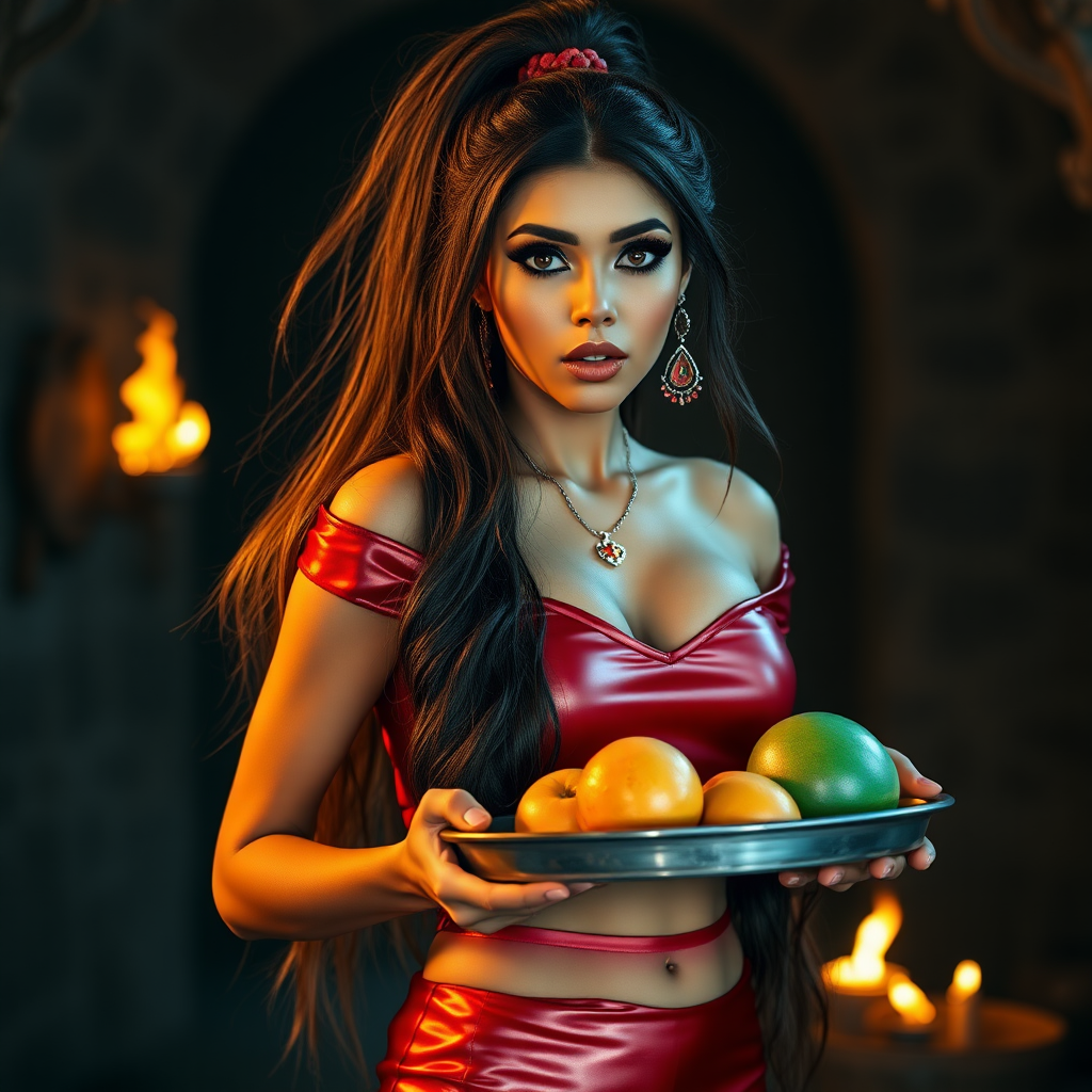 realistic photo of a surprised Arabian model with mouth open looking at the camera. She has very large eyes, black eyeshadow, black eyeliner, fake eyelashes, very tanned skin, very long hair. very high ponytail, she look likes princess jasmine, shinny red off shoulder crop top. photo realistic. She holds a metal tray with fruits just above her waist. crop top, shinny red skirt. full body view. shinny red pencil skirt. dungeon with fire torches in the background.