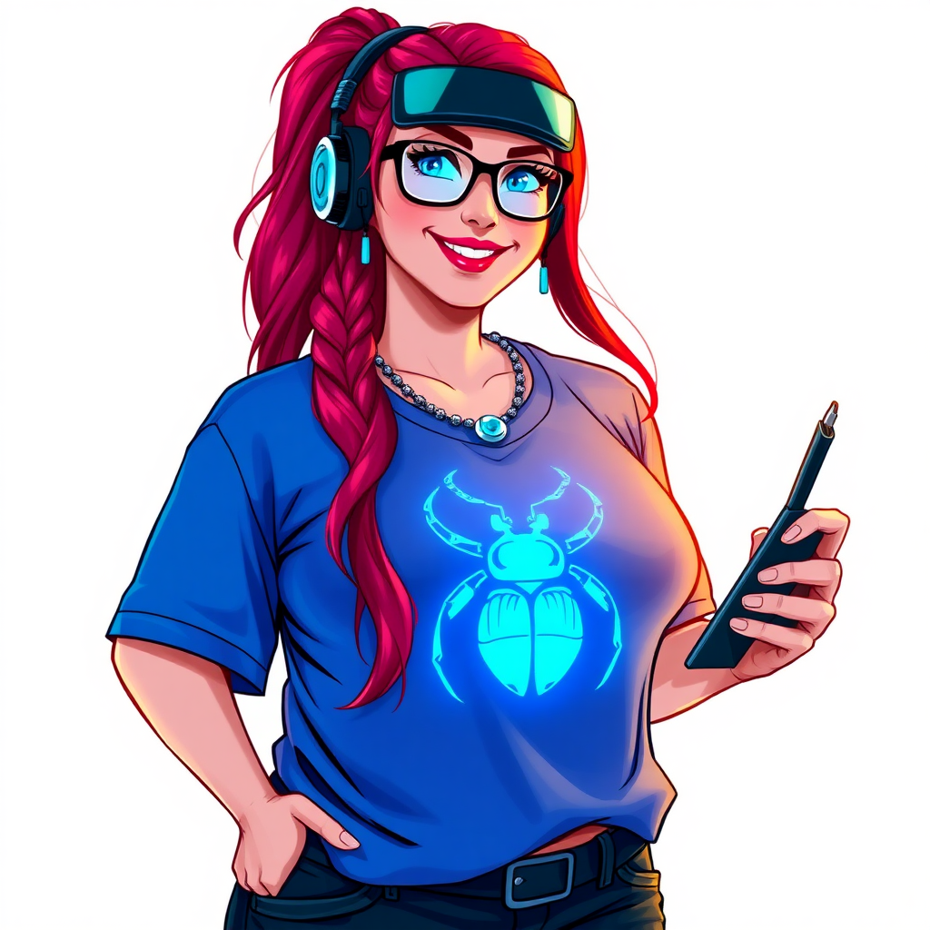 A cyberpunk vigilante’s full-figured intelligent and tech-savvy 29-year-old girlfriend, who is a computer hacker and tech genius. She has a long ruby red ponytail and bright blue eyes. She wears a sapphire beetle gemstone necklace, and an oversized maximum blue t-shirt featuring a giant neon blue glowing icon of a beetle on its chest. She has a full-figured physique with a prominent, gargantuan, round midsection, reflecting her well-cared-for lifestyle. The midsection is heavily emphasized. She sports a sapphire headset with hi-tech maximum turquoise lensed HUD visor, black eyeglasses, and a beaming smile with a passionate bright red blush. Despite her figure and a lack of self-esteem, she radiates an air of beauty. She has an angular face which contributes to her radiant beauty. She serves as his tech expert from his hideout, holding a holographic tablet and a hi-tech tool wrench. The background is solid white. She is drawn as if she was in a retro 2D cyberpunk fighting game. Make sure her shirt covers her round midsection.