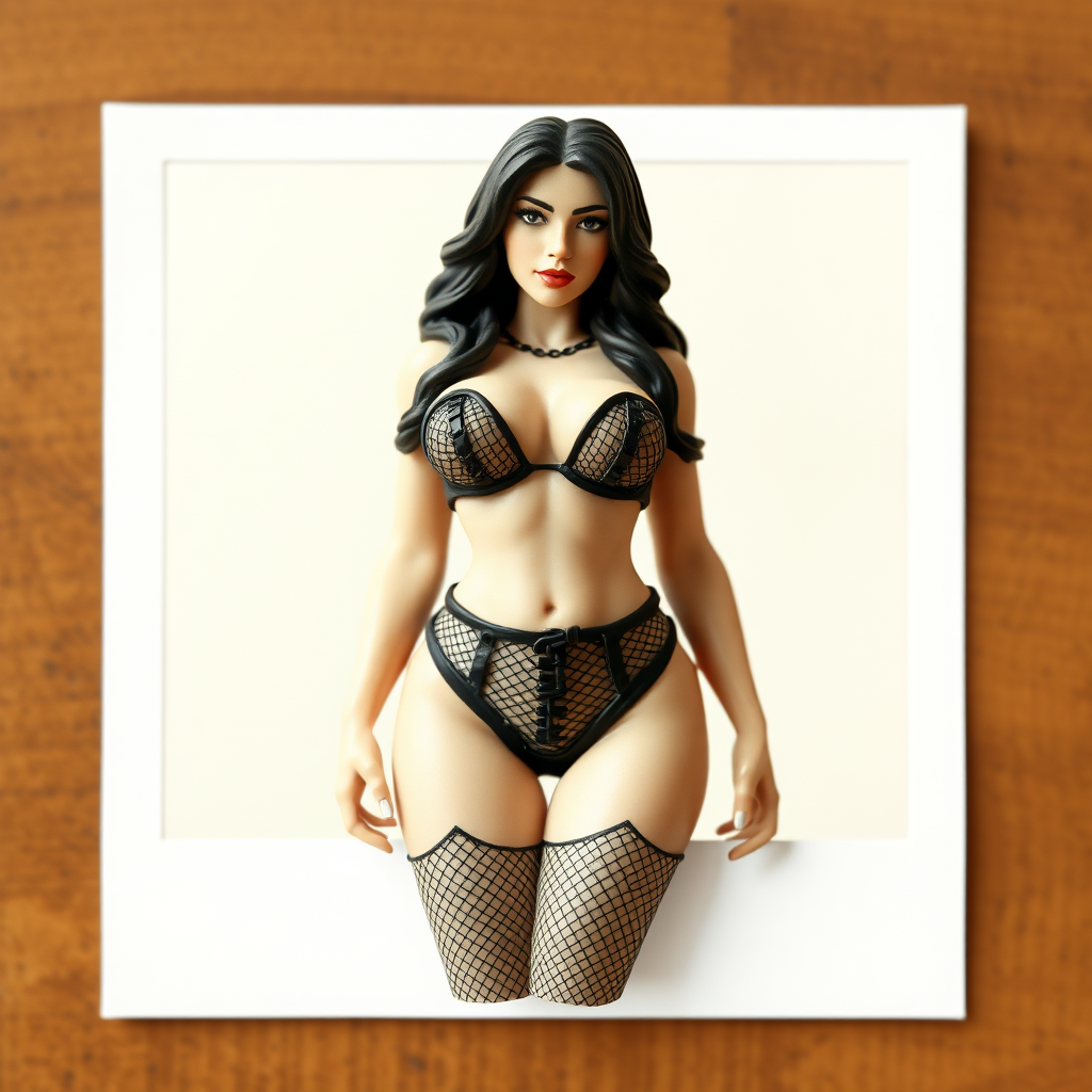 old polaroid photo of low detail 3d printed plastic figurine of sexy thicc curvy succubus girl wearing revealing black mesh bikini gstring thong and corset, with visible nipples