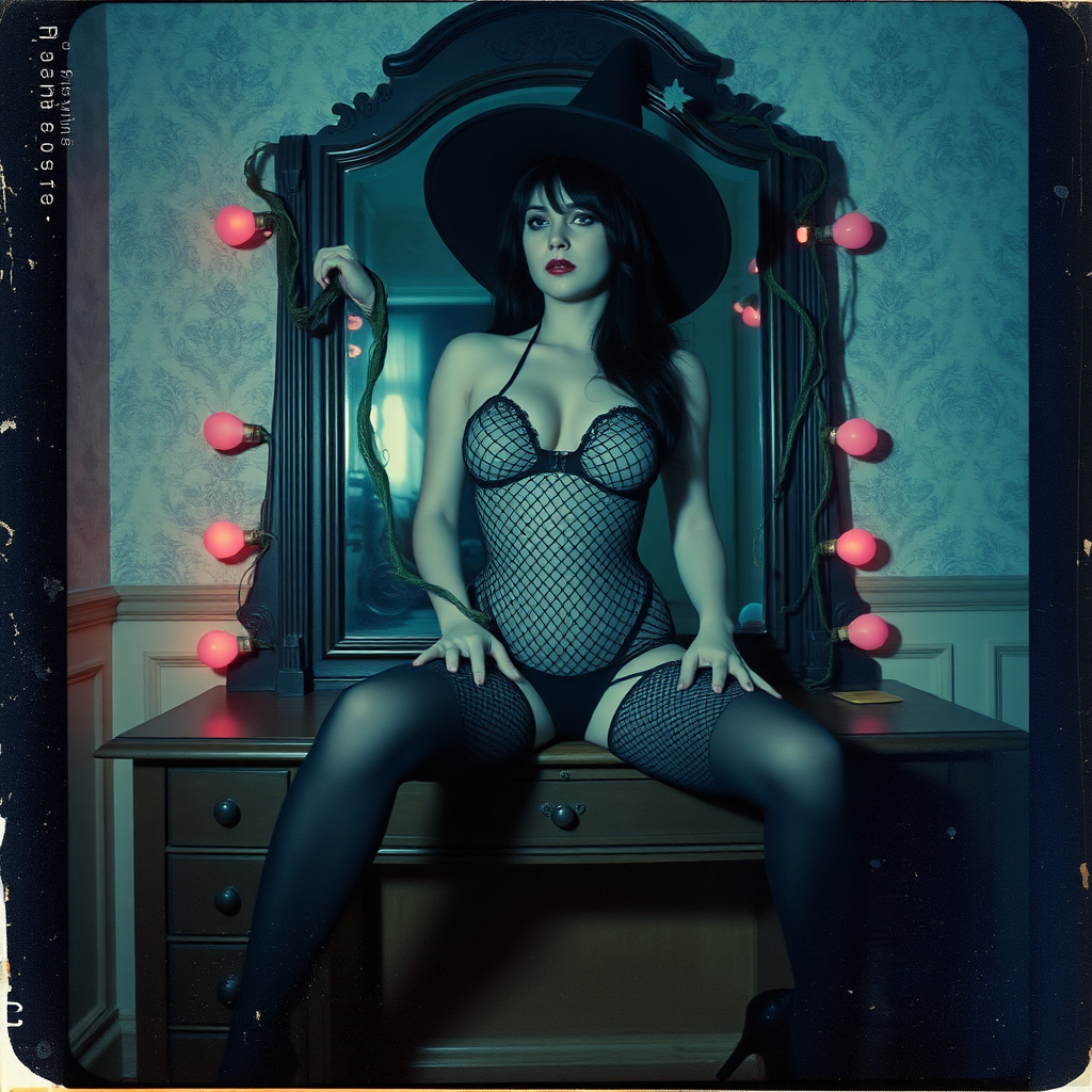 Scan of an nsfw old polaroid photograph with visible wear and heavy vignetting and blue color tint and light leaks, depicting a sexy pale curvy alt goth girl with black hair wearing skimpy fishnet black bodysuit and gstring revealing her nipples and wearing black stockings and high heels, sitting on a builtin vanity with mirror in old house with wallpaper on walls with her knees spread apart.  Camera flash used.  Dark lighting.  Moody and hazy.  Grunge look.  Erotic.  Nude. Pink Christmas Lights on wall.  She is wearing a witch hat and is being restrained by giant green vines coming from inside the mirror, wrapping around her arms and legs and torso.  The vines are pulling her back towards the mirror.