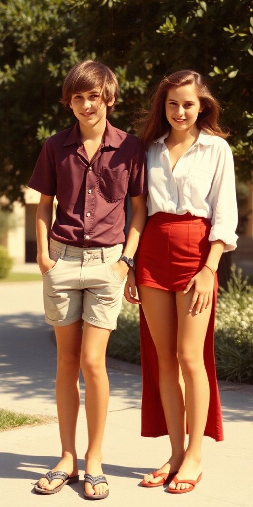 Vintage photo, 1980s. Hot summer. Israel. A tall skinny 13yo teen boy wearing short shirt, tight booty shorts, long legs, bare thighs. With a girl wearing shirt, long skirt. Full length view.