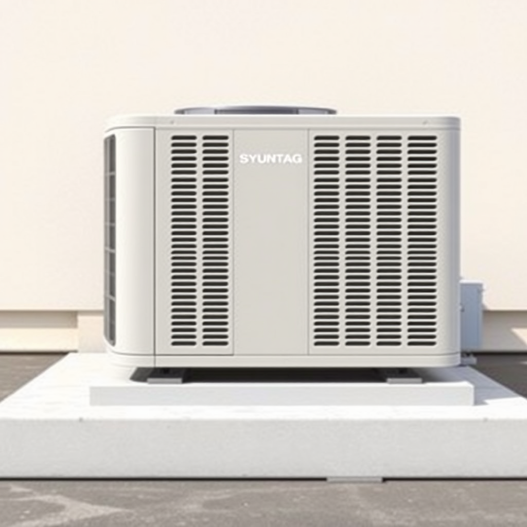 A simple, high-resolution, realistic image of a standard residential outdoor air conditioning unit or condenser. The unit should be placed on a flat surface, such as a concrete pad. The unit should be a neutral color like white, beige, or gray. The image should have a plain, uncluttered background to serve as a generic stock photo. The image should not contain any text.