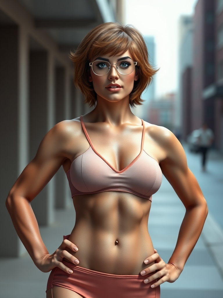 Generate a full-length hyper-realistic render of Velma Dinkley, using a male body type that resembles a chiseled superhero. The character should feature defined muscles and a V-shaped torso while keeping the original head intact. Modify the silhouette to reflect this transformation. Set the background in an appropriate environment that complements the character, enhancing the overall composition. Aim for vibrant colors and high detail, capturing the essence of Velma while showcasing the alterations in physique.