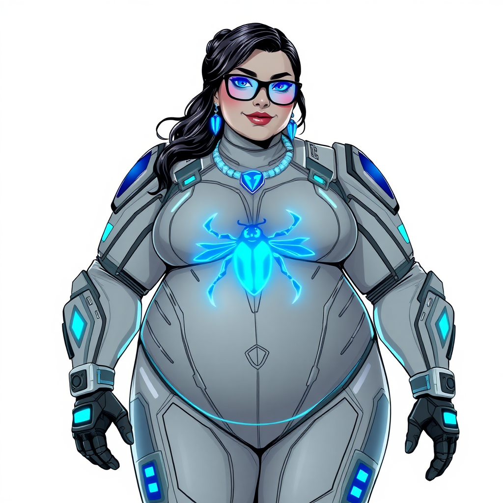 A 29-year-old computer science major, she is the devoted girlfriend of a vigilante and serves as his dotingly pampered, full-figured, nerdy digital sidekick. She is now a Computer Program hybrid, with a unique, metallic Middle Gray (N5) skin color that matches her Middle Gray (N5) suit and hair, making her resemble a computer program. Her neon blue eyes are mesmerizing. Her full figure, especially her prominently gargantuan round midsection, shows just how heavily fed and pampered she is, with sequoia-sized limbs and broad shoulders.

As a loyal and supportive sidekick, she plays a crucial role in their missions, using her digital prowess to assist and protect. She wears a blue sapphire scarab necklace and blue sapphire earrings, which she received as symbols of their love before his 5-year disappearance. Her digital and computerized biker suit, also Middle Gray (N5), covers her entire body and is adorned with a neon blue beetle emblem on its chest. The suit is equipped with high-tech features, including holographic displays and integrated hacking tools. She has matching high-tech gloves. She emits neon blue data cubes from her body, set against a solid white background.

Heavily, attentively, and immensely pampered through being well-fed since their reunion, her full figure clearly shows the extent of care she has received. Despite her digital enhancements, she retains her human vulnerabilities, including hunger and sleep, and is not immune to human weaknesses. She has the ability to hack into computers and machines, and her nerdiness is blatantly obvious with her black oversized eyeglasses. Her full figure, especially her gargantuan midsection, is prominently displayed and heavily emphasized. Her outfit, influenced by DC’s Jennifer Knight Phantom Lady, remains distinct.

Despite her boyfriend’s limited resources, she assists in the war on crime by serving as a minicomputer, traveling in a high-tech wristwatch and supercar’s computer system. Using her hacking abilities, she relays crucial knowledge related to missions. She bashfully smiles with a neon red blush. She is drawn as if she was in a retro 2D cyberpunk fighting game.