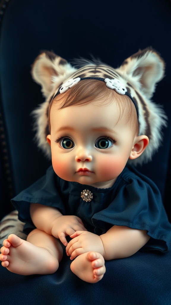 A cute small chubby fair baby with big eyes, pink lips, and pink cheeks, wearing a royal dark blue dress, is sitting on a navy blue throne next to a white fluffy cute tiger. Cinematic (realistic).