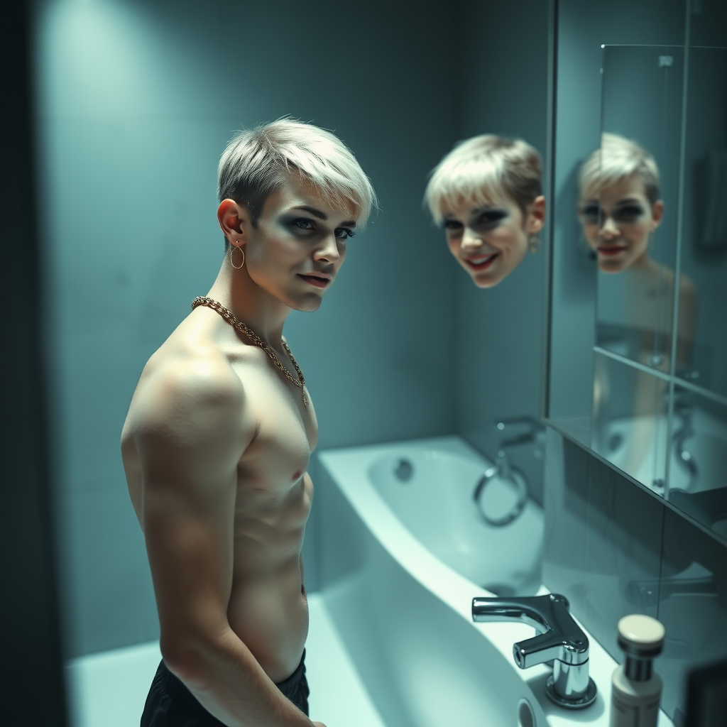 photorealistic, ultra high resolution, 16K, surreal fantasy, studio lighting, a 35 year old mother who is fully dressed for work is watching her pretty 14 year old goth son, slim male physique, short blonde hair, goth makeup, earrings, pantyhose, white ballet shoes, earrings, gold chains, handcuffs, in the bathroom, excited smile, facing the camera.