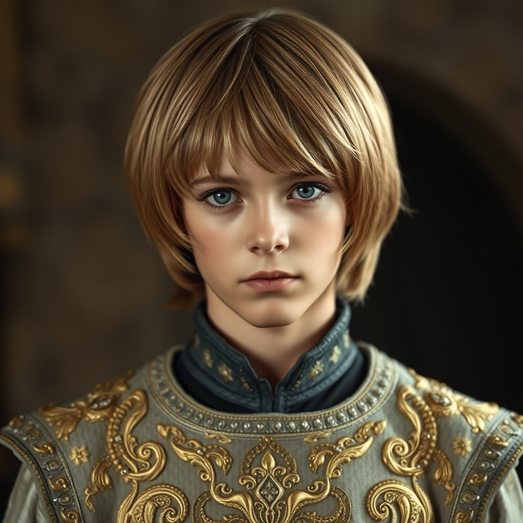 16yo teen boy prince, long bob cut, embroidered with gold and diamonds medieval cloths. photorealistic, ultra high resolution, 16K,