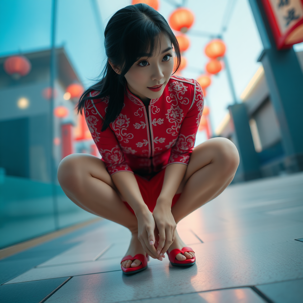 photo hyperrealistic low angle POV full body view June Liu squatting wearing qipao looking down at viewer