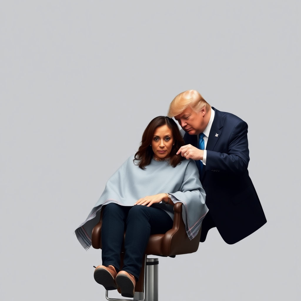 Kamala Harris sitting in a barbershop while Donald Trump cuts her long hair.  Plain gray background.