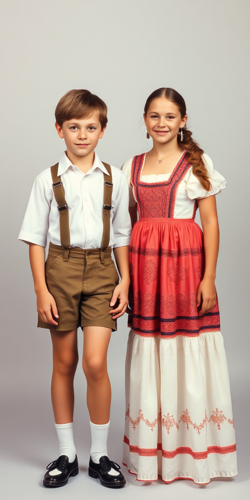 A 11yo teen boy, wearing shirt, short lederhosen, tube socks, shoes, long legs, narrow thighs. With a girl wearing traditional floor long dress. full-length view. studio background. Family photo. 1980s. 
photorealistic, ultra high resolution, 16K,
Negative: grainy, blurry, bad anatomy, extra limbs, watermark.