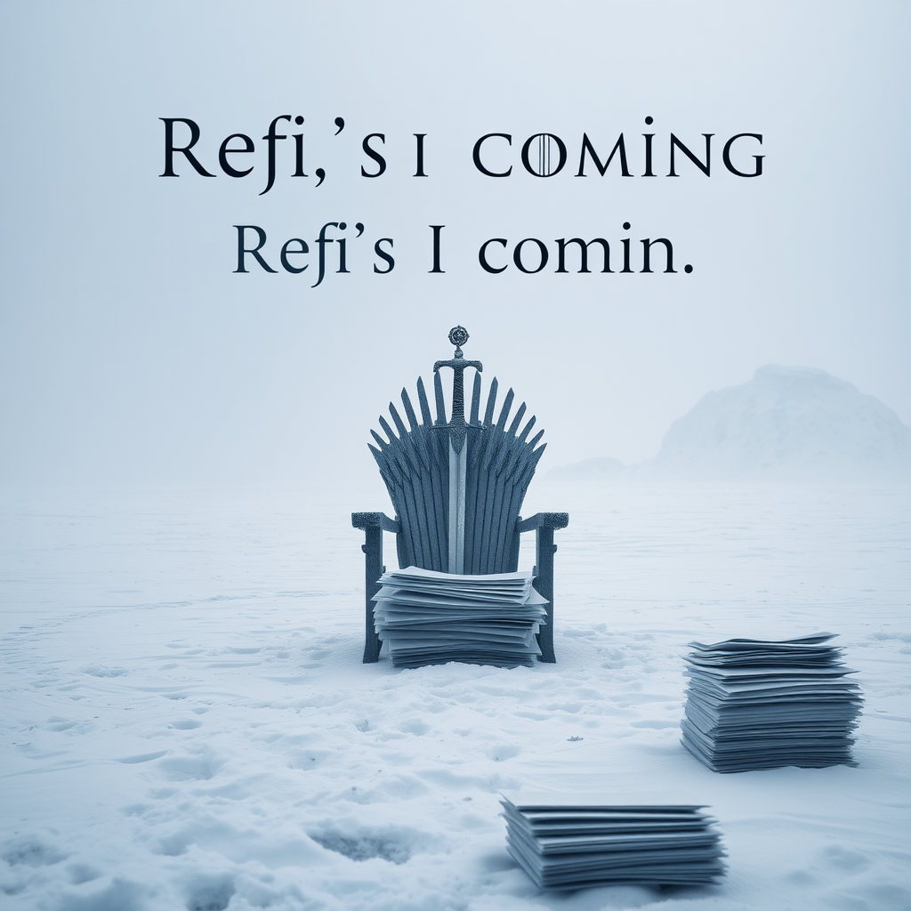 A legendary movie scene in Antarctica depicting the game of thrones sword chair made out of stacks of paper. The text in the background says “Refi’s are coming.” Epic theme and high quality cinematic elements. No animals or people. Winter storm, epic legendary shot. Stunning visuals. Stacks of paper lay on the snowy ground.