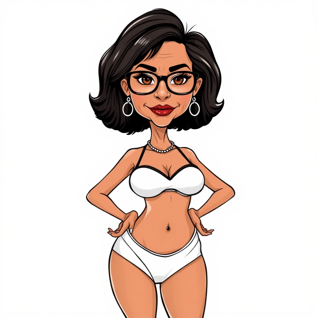 a towering 55 Years old, fit, slim, European, Latina, sharp aquiline nose, wrinkles, high cheekbones, Middle Eastern, Skinny, Tanned skin, Dark light skin, Rounded Medium breasts, Skinny thighs, full Makeup, jewelry, Serious face, Sharp nose, Ash hair, short bowl haircut, Brown eye color, Glasses, with detailed features. Hands on hips, she is wearing black balconette bras and a white open bust high cut swimsuit, detailed fabric. full body, high heels sandals, she is gesturing at the viewer, long establishing shot, 2D, caricature, cartoon, Sketch lines, coloring book, black and white, coloring book style on white background, well composed, clean coloring book page, No dither, no gradient, strong outline, No fill, No solids, vector illustration, realistic proportions