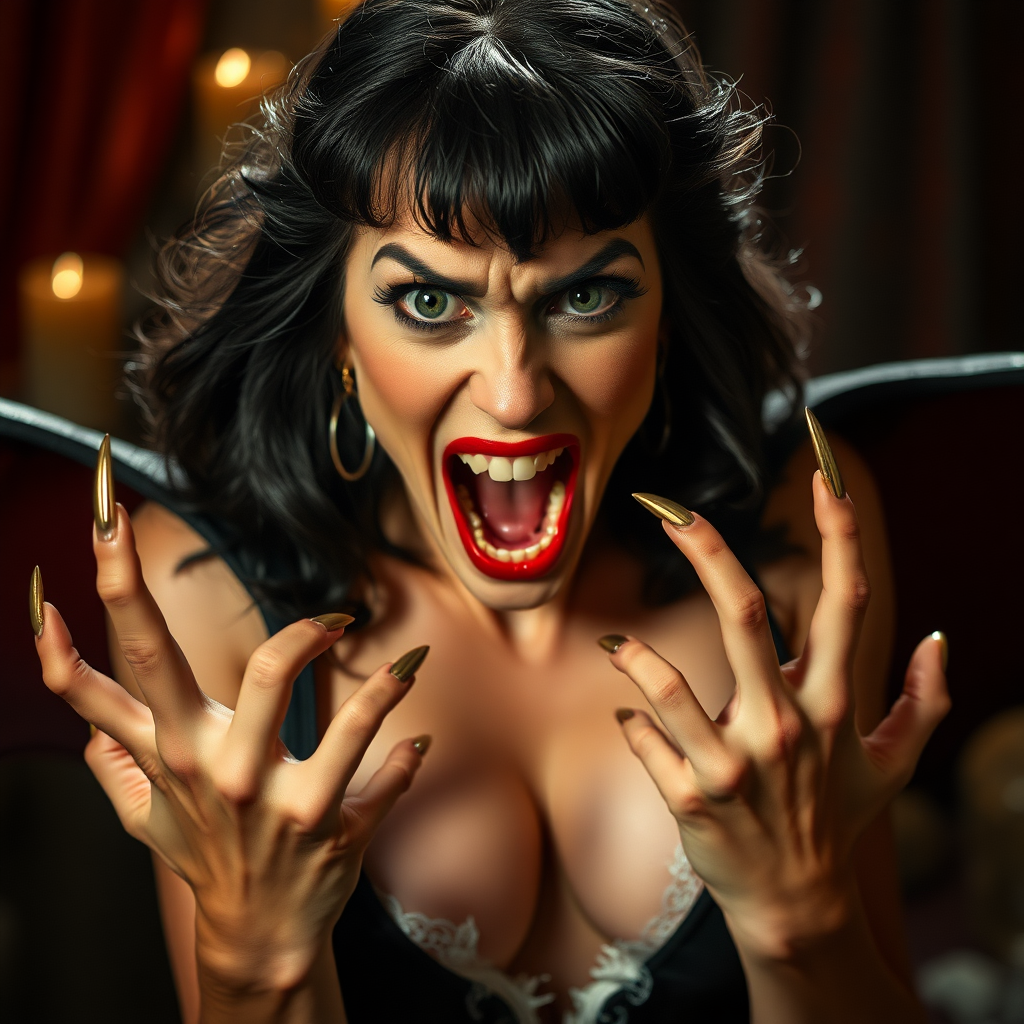 Vampirella claws and fangs bared. her bodice is ripped open. Shocked and angry expression. DSLR