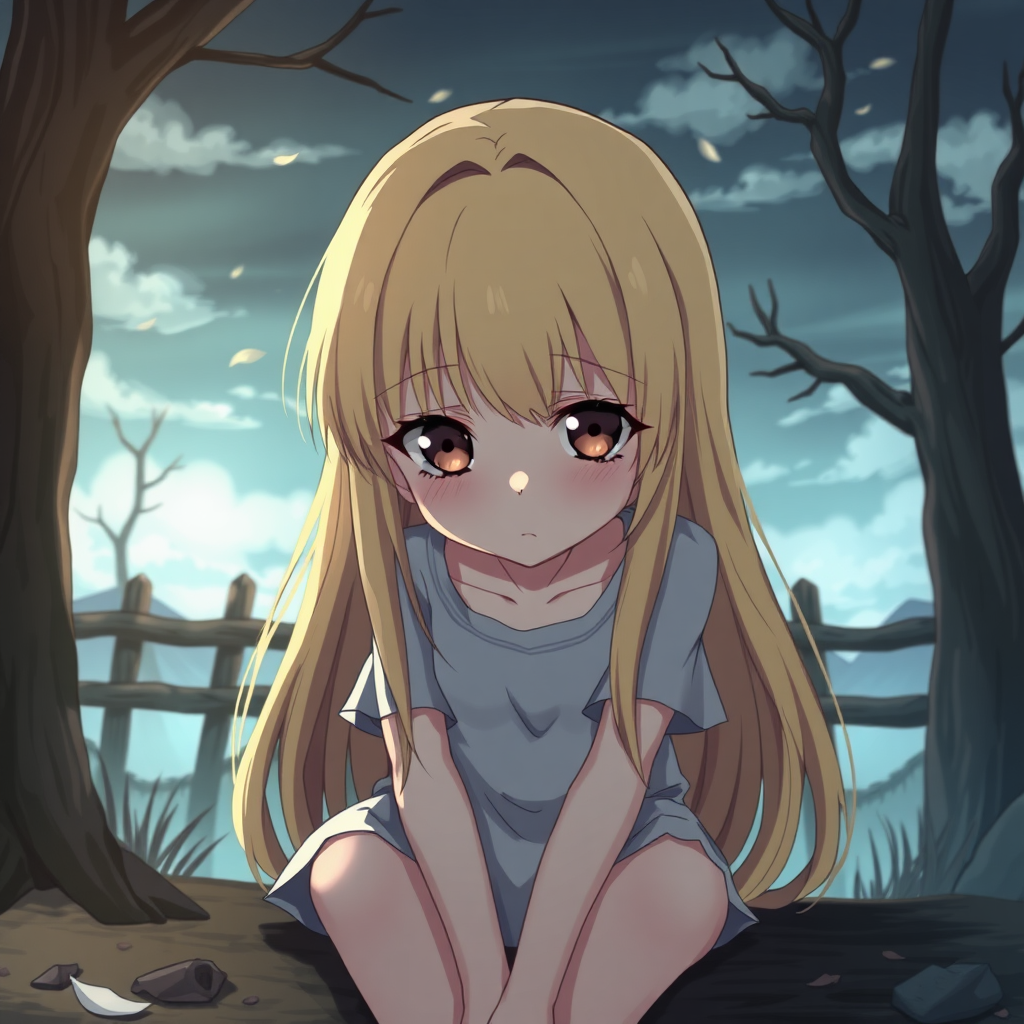 A depressed blonde anime girl with brown eyes. She is sitting lonely at a forsaken place.