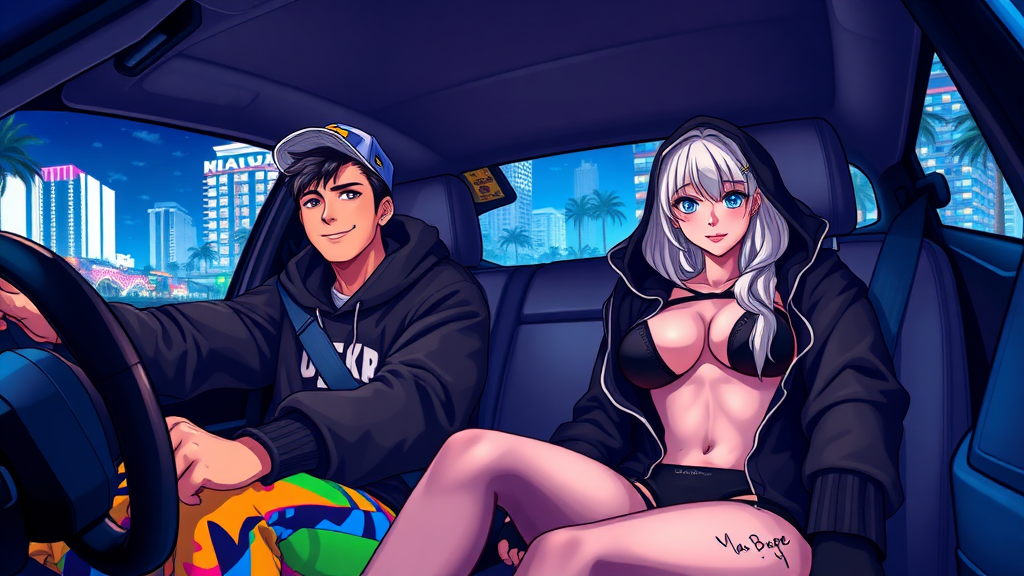 A high-quality anime art scene features Lucia, a 19-year-old Latina with a tough, street-smart vibe, confidently driving through the vibrant streets of Miami. Dressed in a black hoodie and tight, colorful pants, she exudes a bold, rebellious energy. In the passenger seat beside her is a handsome Latino guy, casually rocking a sideways cap, his laid-back demeanor perfectly in sync with the electric atmosphere of the city. In the back seat, a white blondish girl with blue eyes lounges, wearing a Bape hoodie over a black micro bikini and G-string. The neon-lit skyline and swaying palm trees blur by as they cruise through the night.