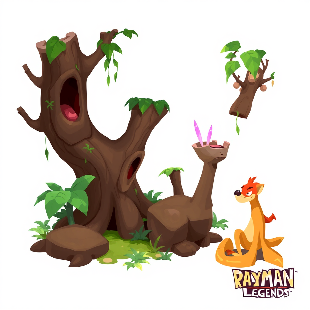 jungle assets concept art, rayman legends style, image must be with no background, high resolution, image must contain only jungle assets