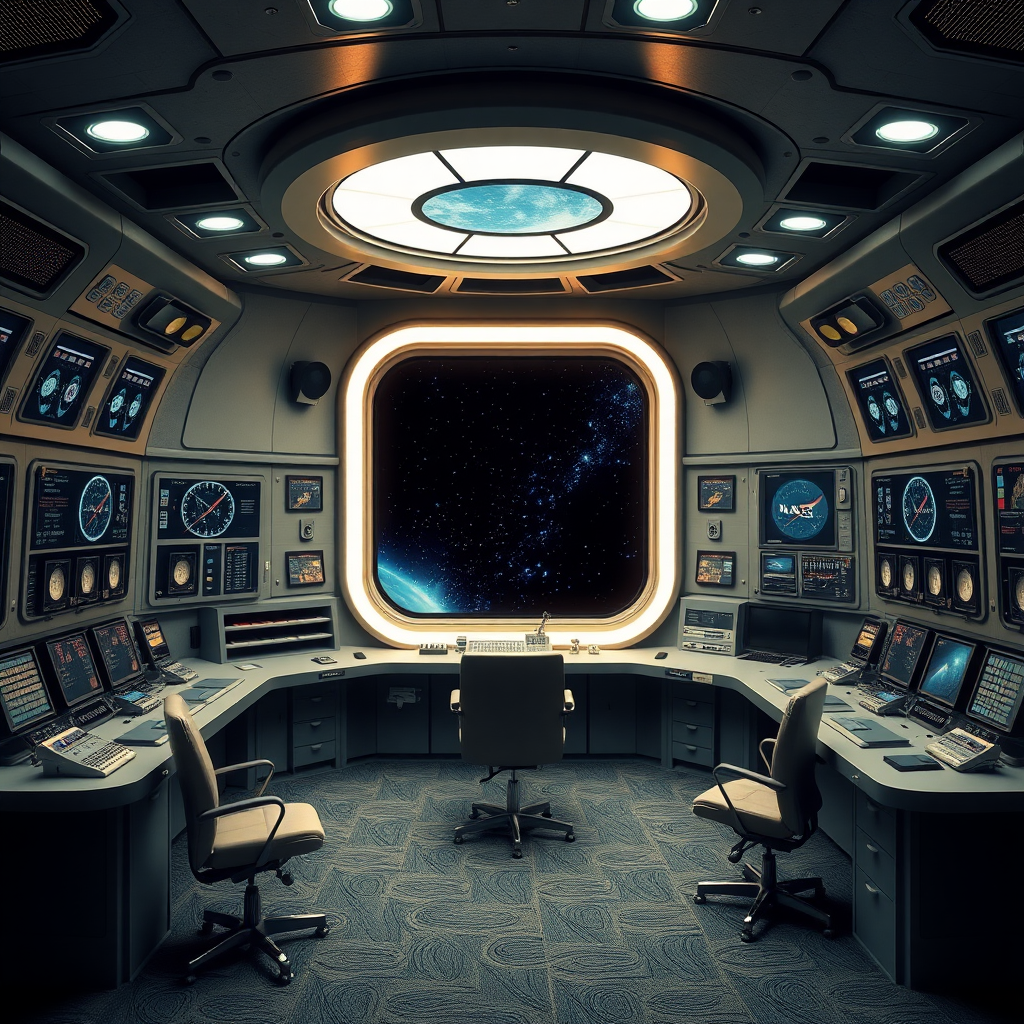 TARDIS control room in the style of 1960s NASA control room