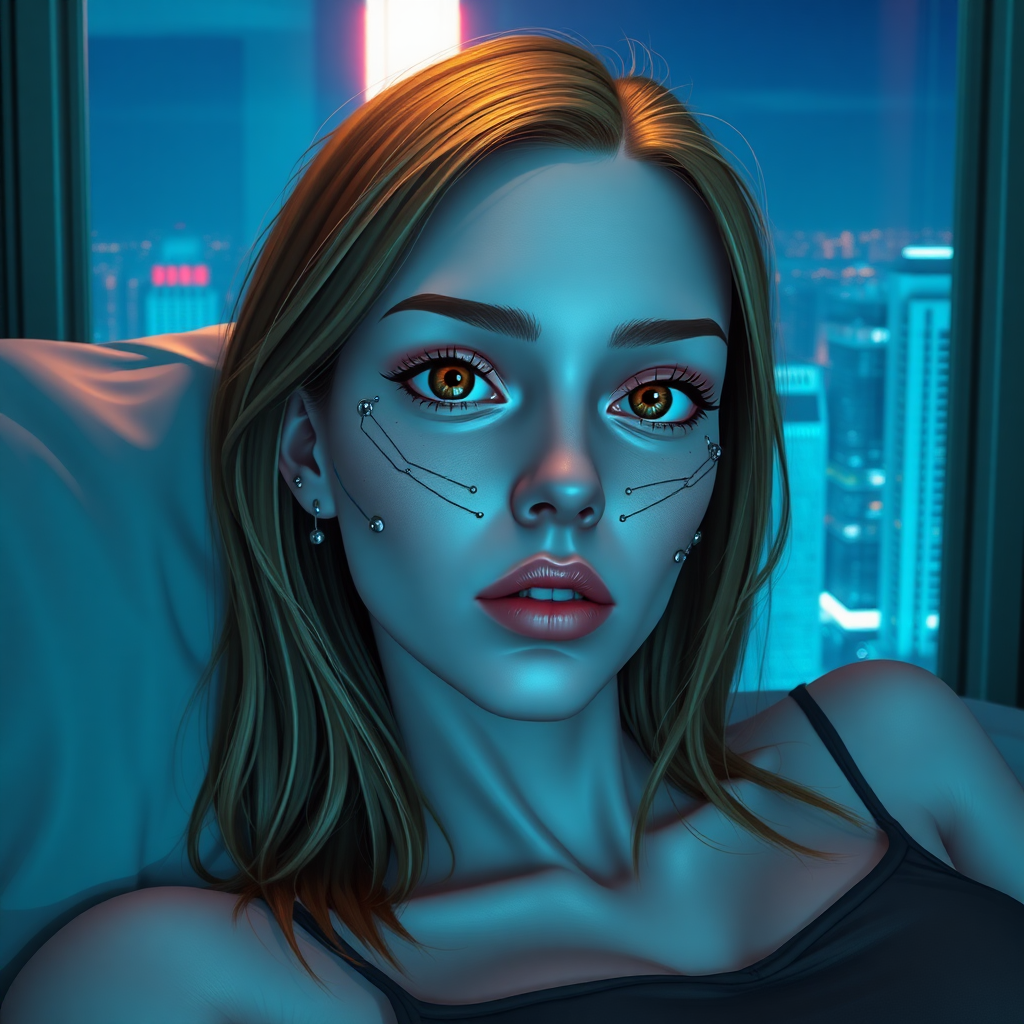 20 year old woman, pale skin, big brown eyes, brown hair blond highlights underneath, cybernetic implants, symmetrical metal lines on face, laying on a bed, window view of a futuristic high rise cityscape, dim neon lighting, 2.5D style