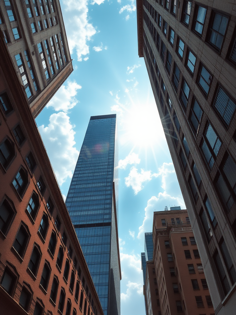 Draw it as if it were a photograph, a composition looking up at the sky between tall buildings. The sky should be depicted as a dramatic scene with sunlight streaming in.